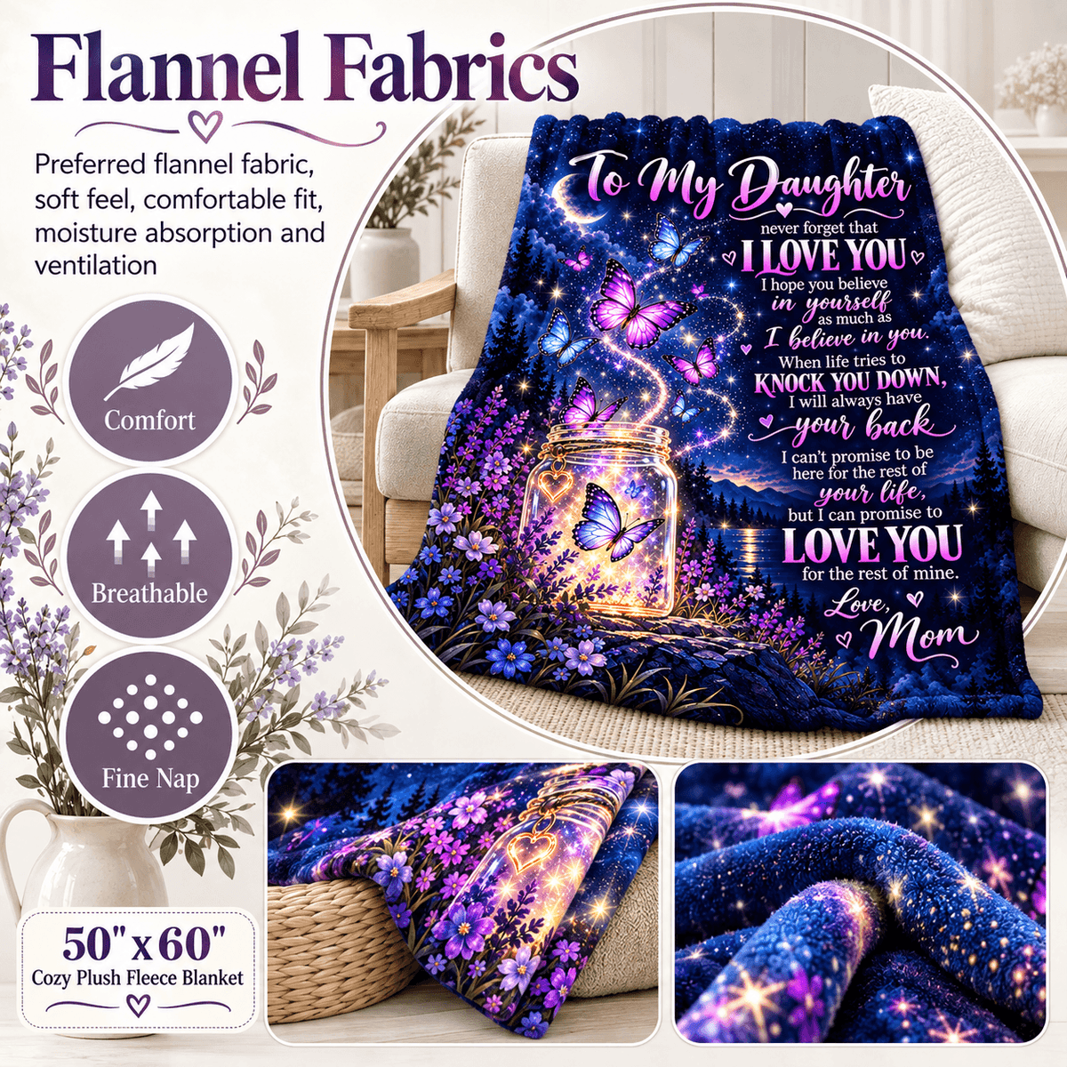 A cozy flannel blanket featuring a colorful printed design of a glowing mason jar, butterflies, and purple flowers on a dark blue background, with text reading 'To My Daughter' and 'I Love You Mom.' The image includes marketing text, fabric feature icons, size info, and smaller product detail panels on a light neutral background.