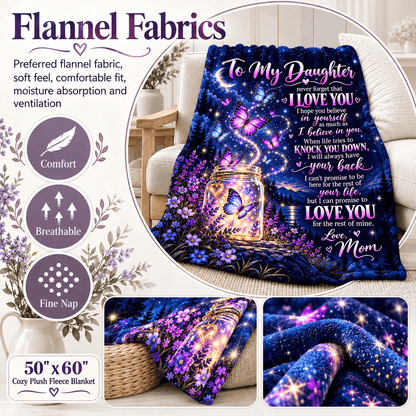 A cozy flannel blanket featuring a colorful printed design of a glowing mason jar, butterflies, and purple flowers on a dark blue background, with text reading 'To My Daughter' and 'I Love You Mom.' The image includes marketing text, fabric feature icons, size info, and smaller product detail panels on a light neutral background.