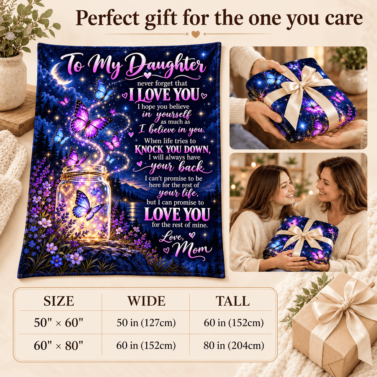 A decorative gift blanket featuring a colorful galaxy and butterfly design with a glowing mason jar and sentimental text for a daughter, shown on a styled beige background with inset photos of a woman holding the wrapped blanket and a size measurement table at the bottom.