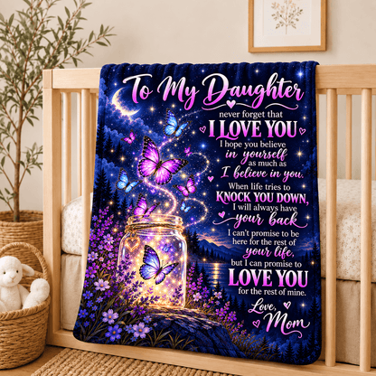 A printed blanket draped over a wooden crib, featuring a colorful night sky design with butterflies, a glowing mason jar, and a sentimental message addressed to a daughter, with 'Love Mom' at the bottom.