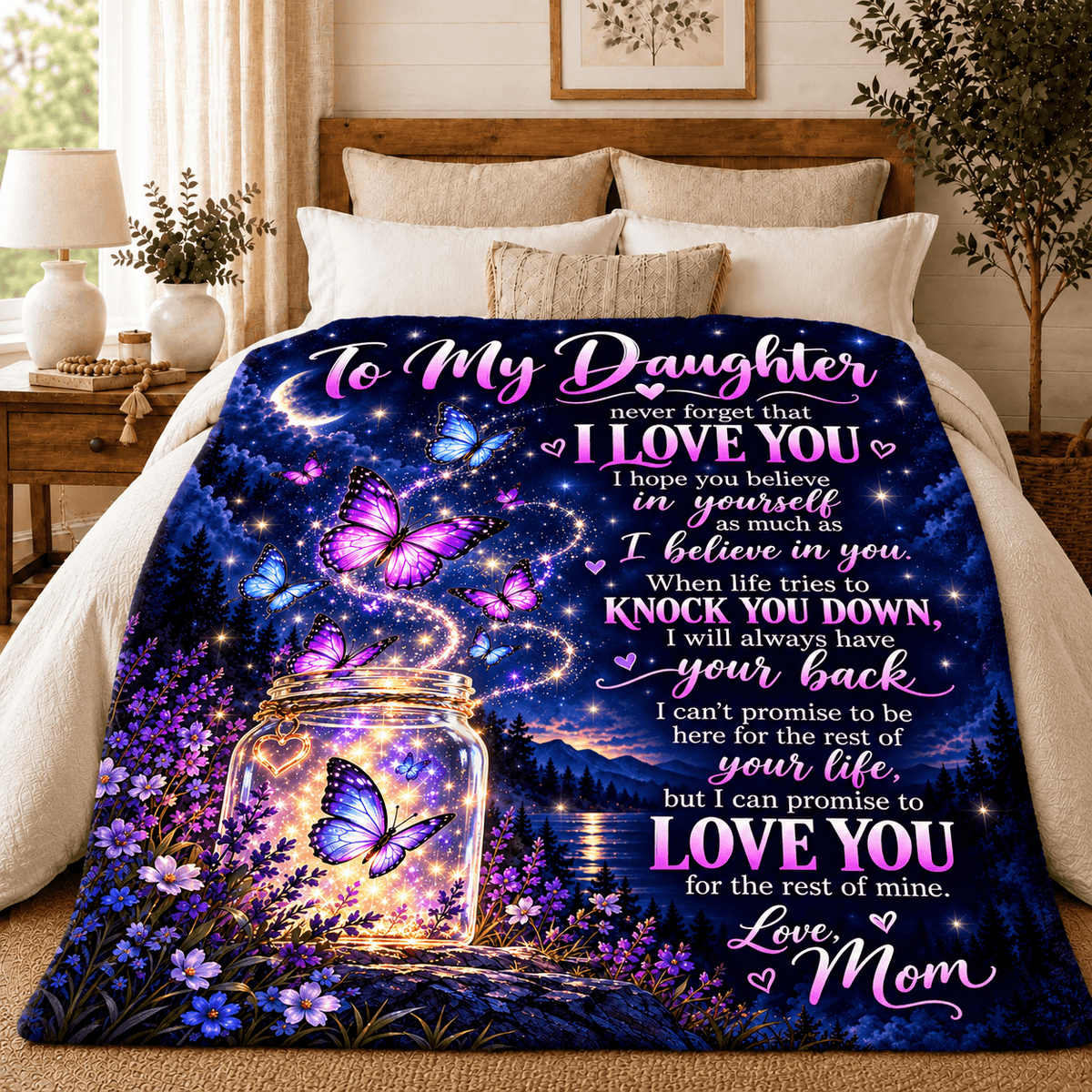 A cozy bedroom scene with a large printed blanket or comforter spread across the bed. The design shows a glowing mason jar with butterflies, purple flowers, and a starry night sky, with the text 'To My Daughter never forget that I LOVE YOU .