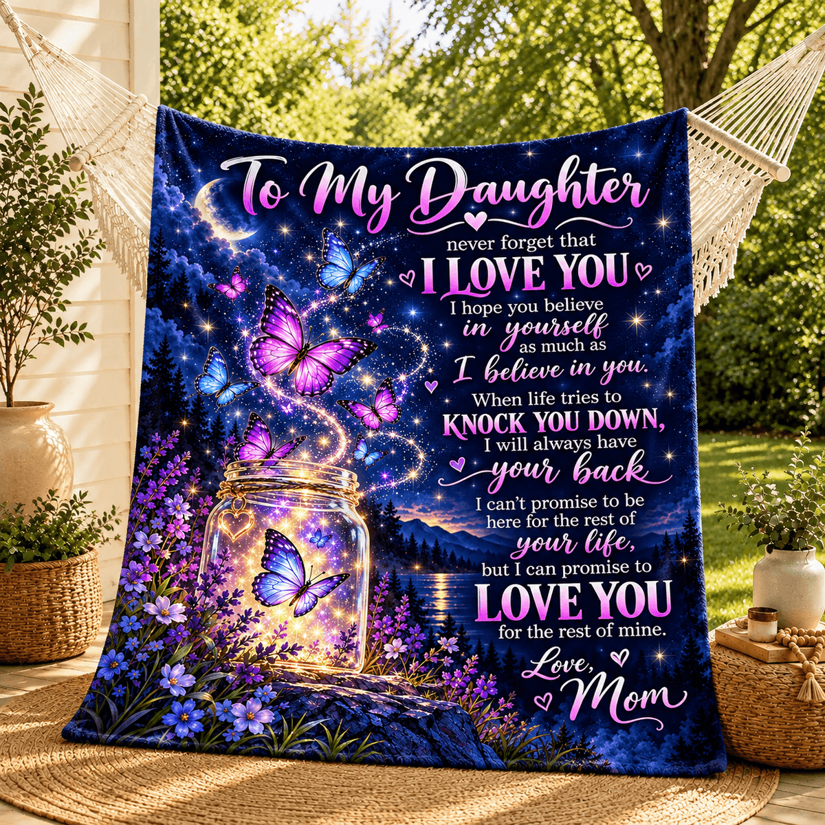 A large printed blanket or tapestry hanging in a hammock outdoors, featuring a blue night-sky design with butterflies, a glowing jar, flowers, and a sentimental message addressed to a daughter.