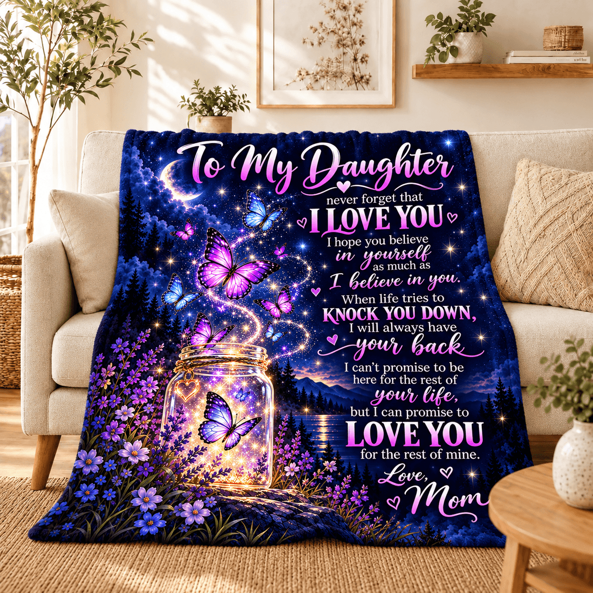 A cozy blanket featuring a glowing mason jar with butterflies and purple flowers under a starry night sky, draped over a beige sofa in a living room setting.