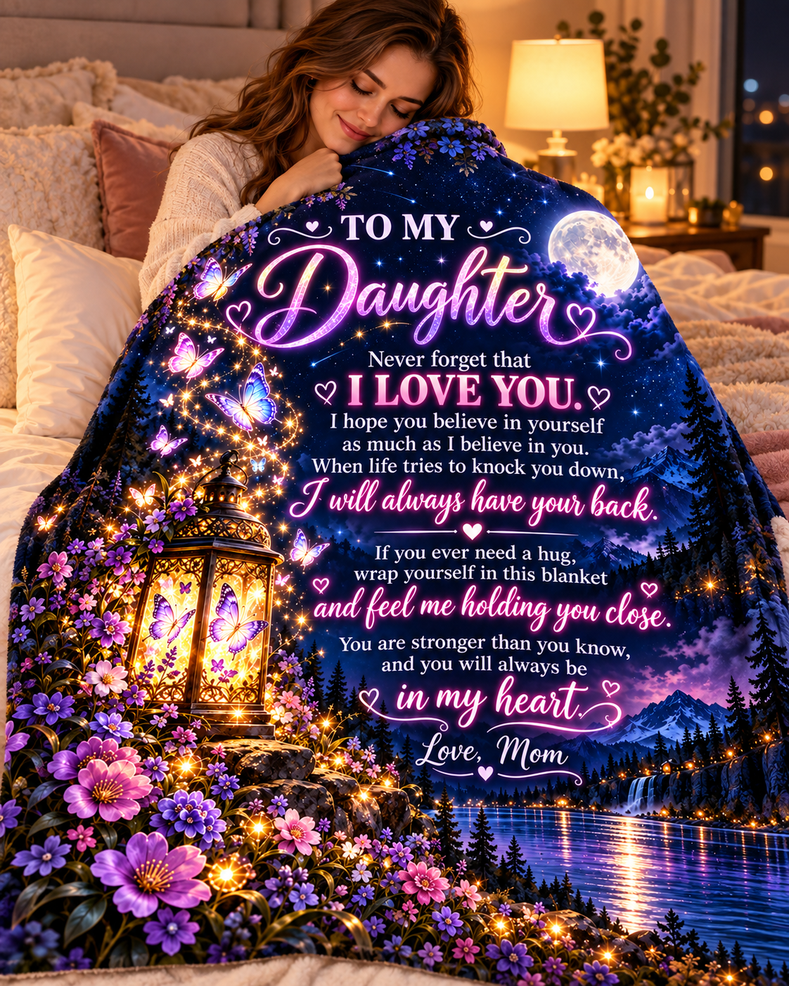 To My Daughter Blanket From Mom – I Will Always Have Your Back – Moonlit Butterfly Cozy Fleece Gift
