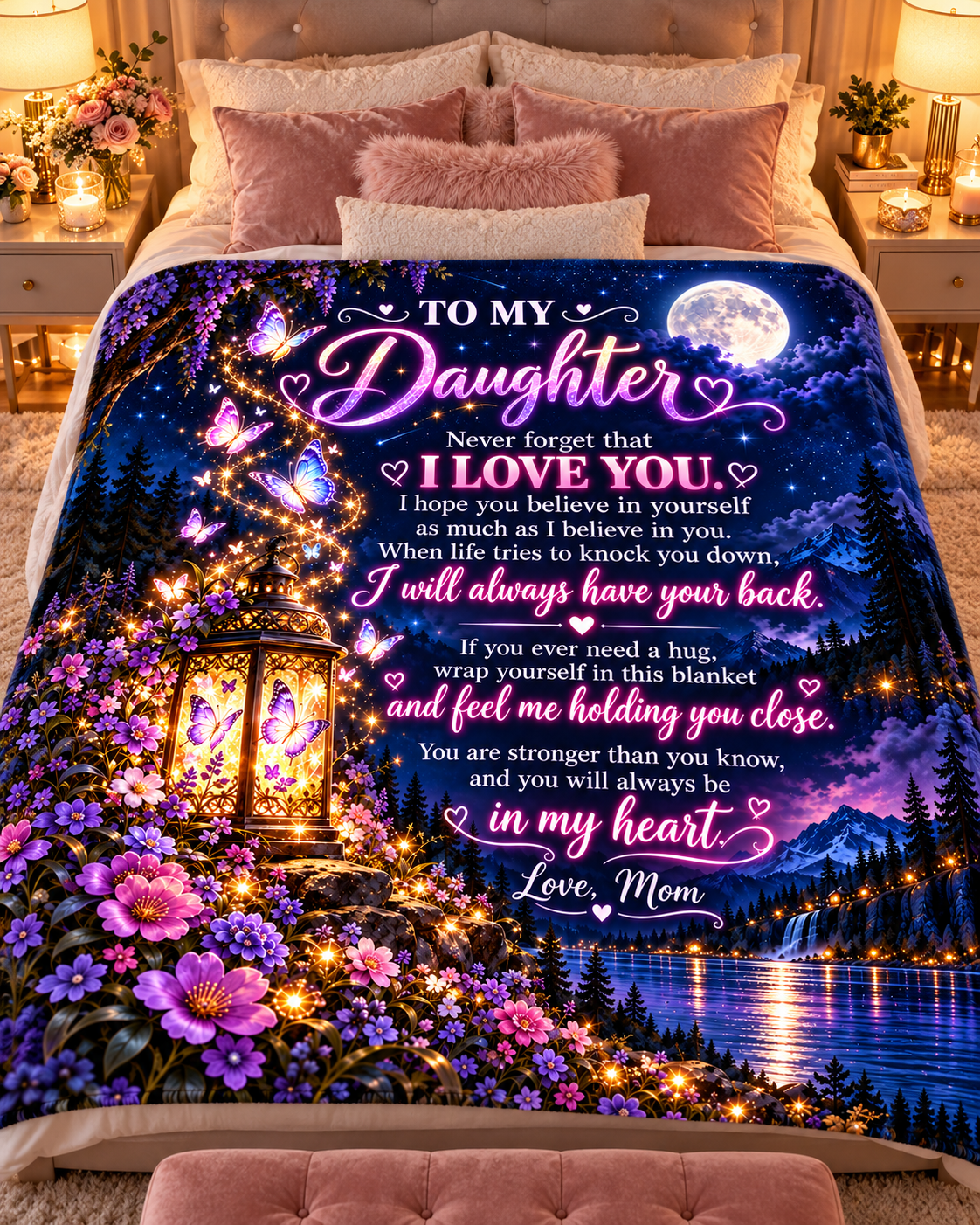 To My Daughter Blanket From Mom – I Will Always Have Your Back – Moonlit Butterfly Cozy Fleece Gift