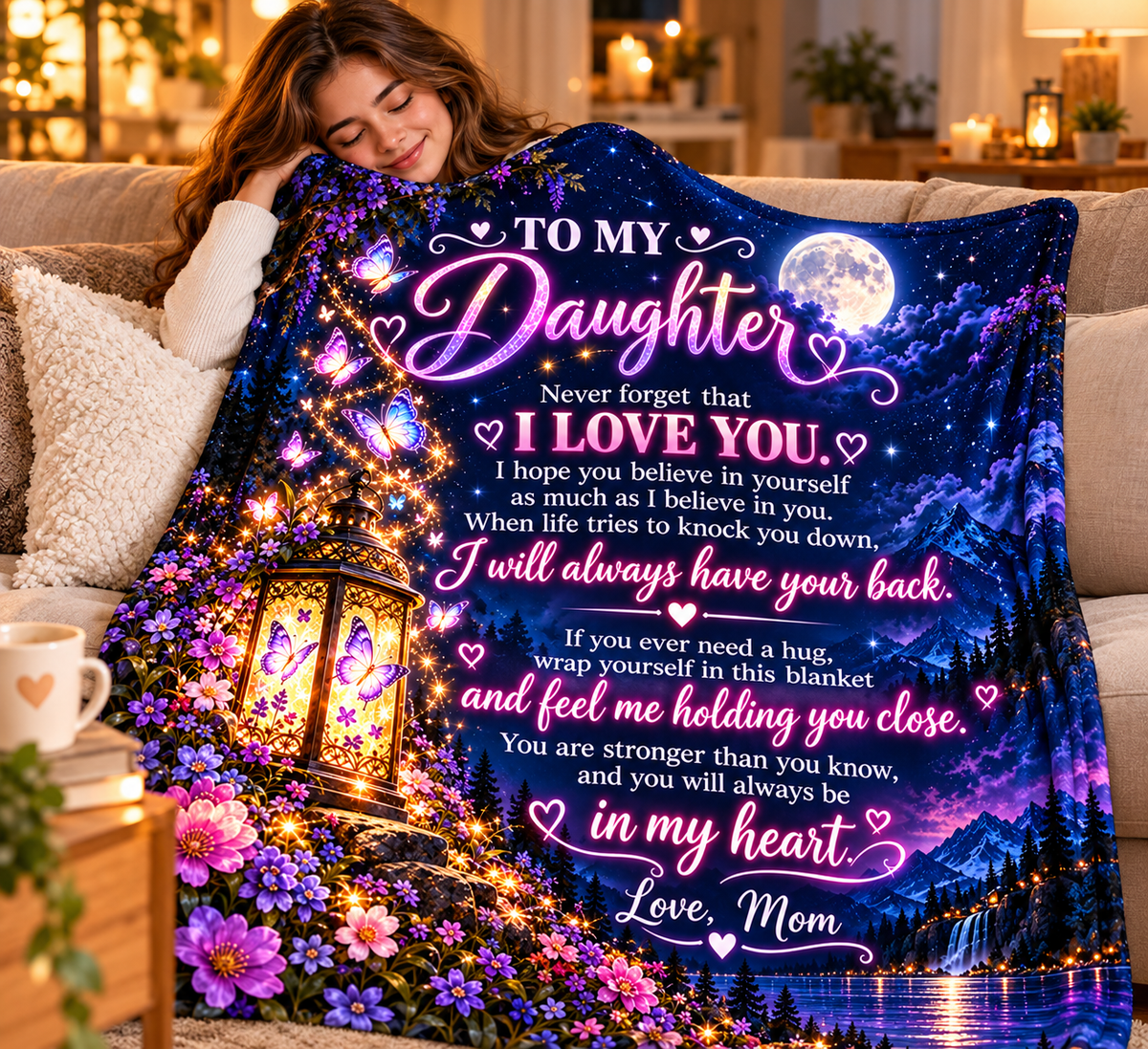 To My Daughter Blanket From Mom – I Will Always Have Your Back – Moonlit Butterfly Cozy Fleece Gift