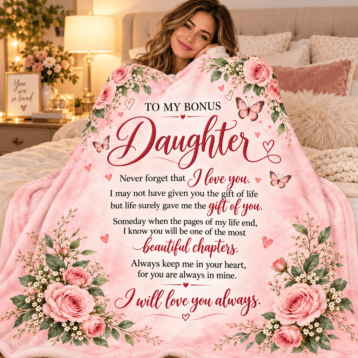 Custom Cat 50 x 60 To My Bonus Daughter Blanket – Life Gave Me the Gift of You – Pink Rose & Butterfly Cozy Fleece Gift