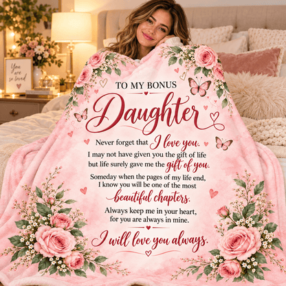 Custom Cat 50 x 60 To My Bonus Daughter Blanket – Life Gave Me the Gift of You – Pink Rose & Butterfly Cozy Fleece Gift