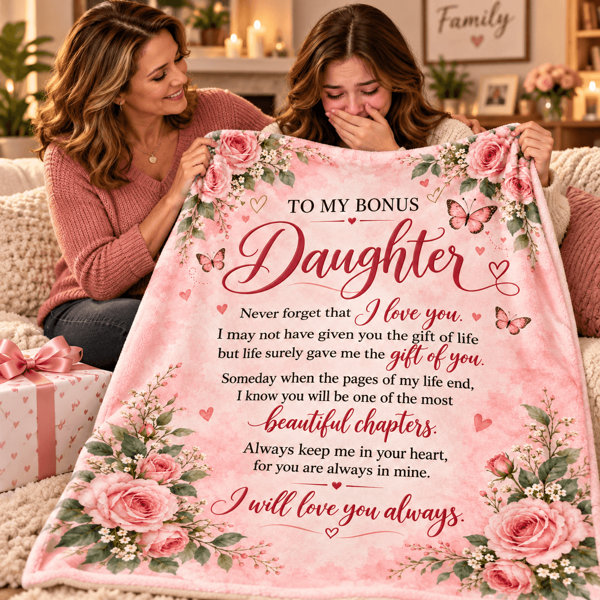 Custom Cat 50 x 60 To My Bonus Daughter Blanket – Life Gave Me the Gift of You – Pink Rose & Butterfly Cozy Fleece Gift
