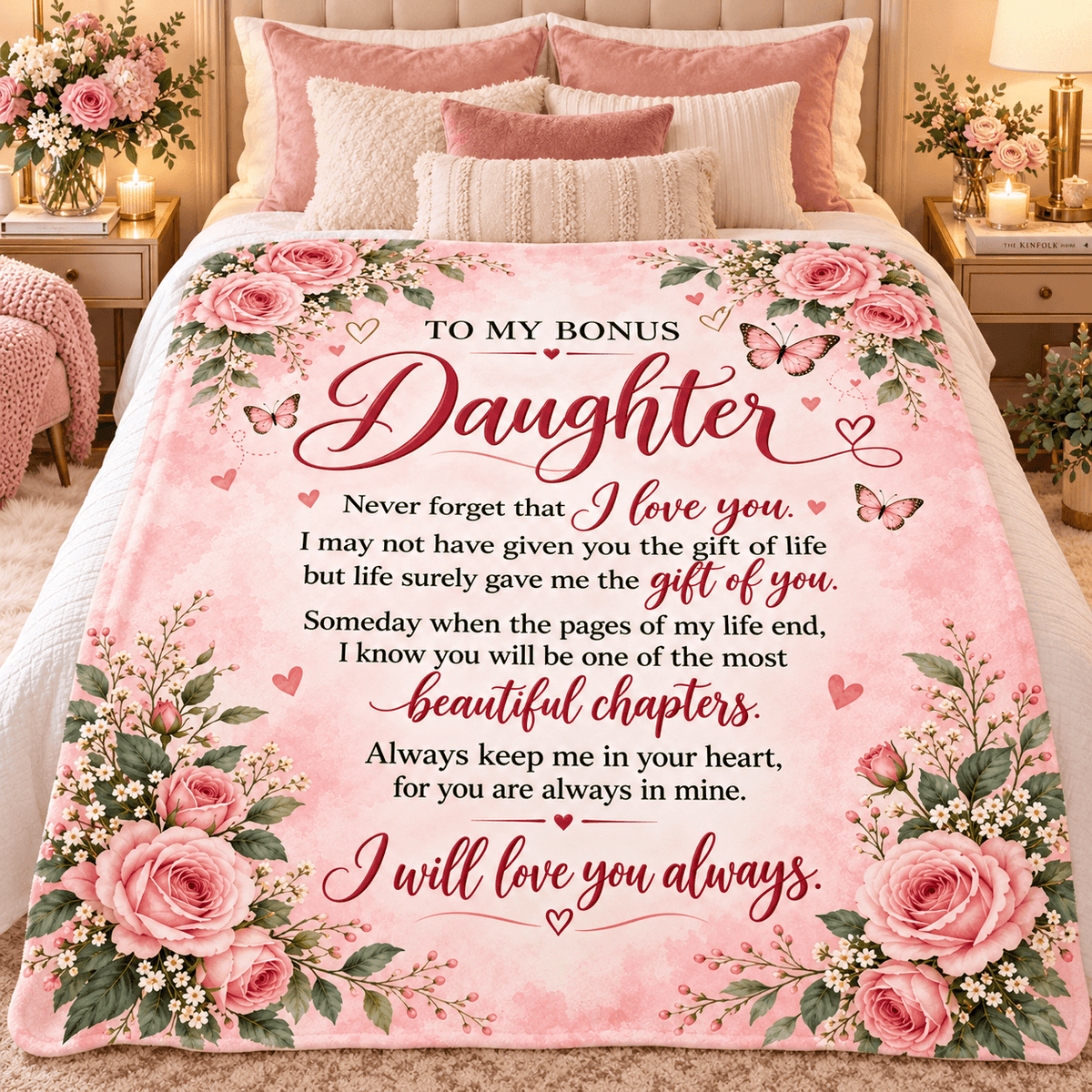 Custom Cat 50 x 60 To My Bonus Daughter Blanket – Life Gave Me the Gift of You – Pink Rose & Butterfly Cozy Fleece Gift