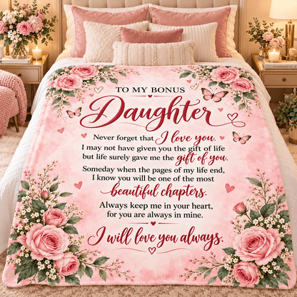 Custom Cat 50 x 60 To My Bonus Daughter Blanket – Life Gave Me the Gift of You – Pink Rose & Butterfly Cozy Fleece Gift