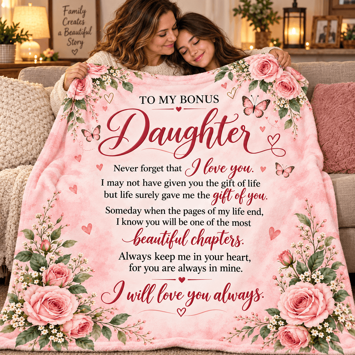 Custom Cat 50 x 60 To My Bonus Daughter Blanket – Life Gave Me the Gift of You – Pink Rose & Butterfly Cozy Fleece Gift