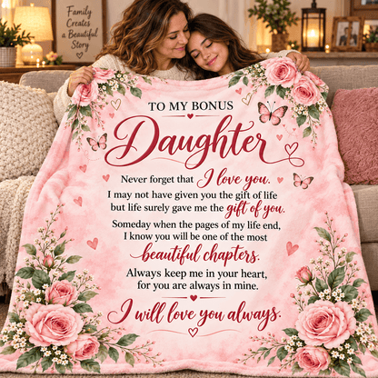 Custom Cat 50 x 60 To My Bonus Daughter Blanket – Life Gave Me the Gift of You – Pink Rose & Butterfly Cozy Fleece Gift