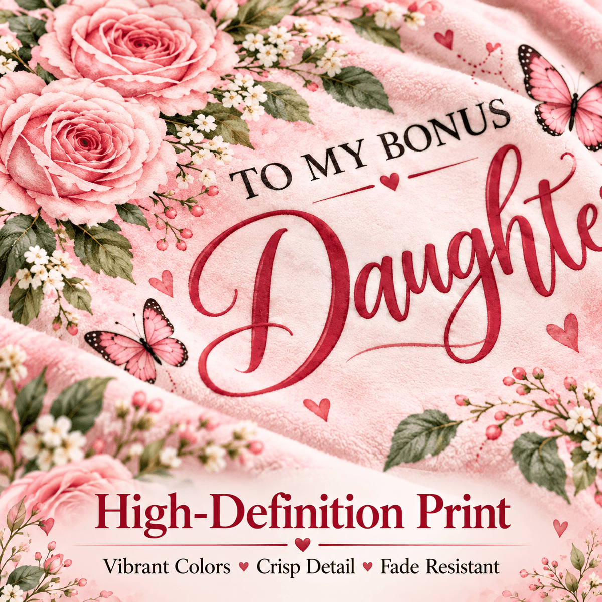 Custom Cat 50 x 60 To My Bonus Daughter Blanket – Life Gave Me the Gift of You – Pink Rose & Butterfly Cozy Fleece Gift