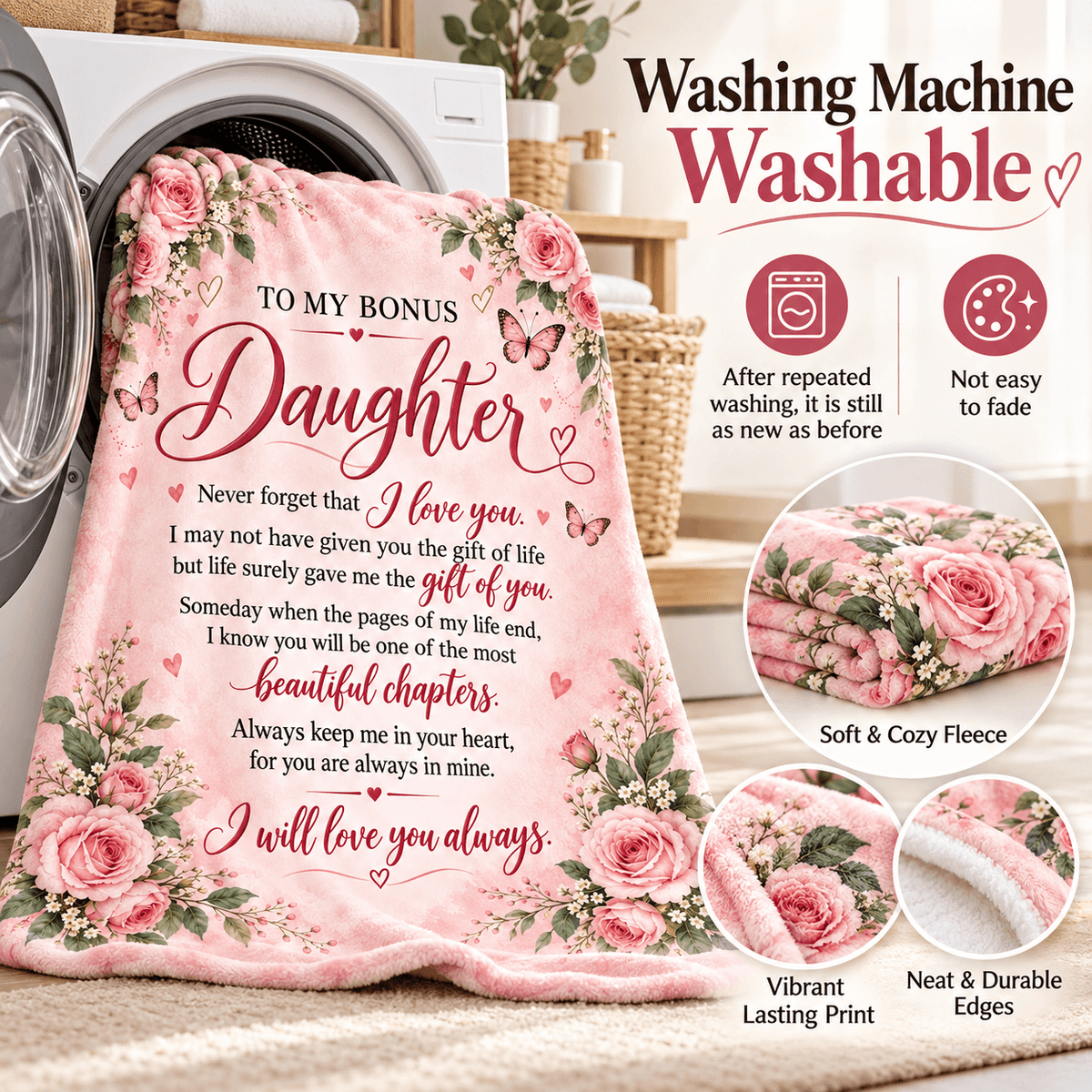 Custom Cat 50 x 60 To My Bonus Daughter Blanket – Life Gave Me the Gift of You – Pink Rose & Butterfly Cozy Fleece Gift