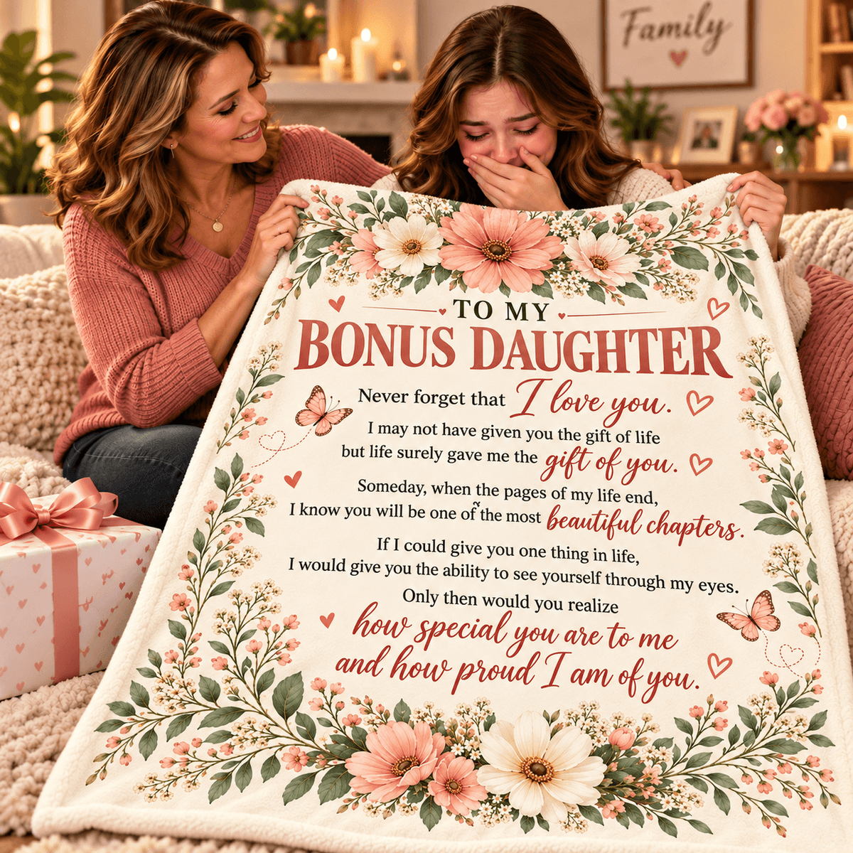 To My Bonus Daughter Blanket – Life Gave Me the Gift of You – Beautiful Chapters Floral Cozy Fleece Gift