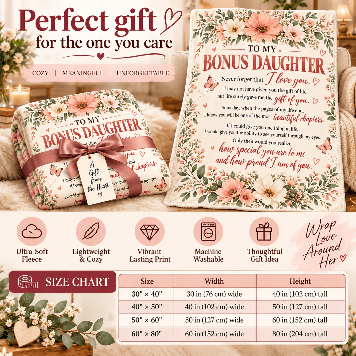 To My Bonus Daughter Blanket – Life Gave Me the Gift of You – Beautiful Chapters Floral Cozy Fleece Gift