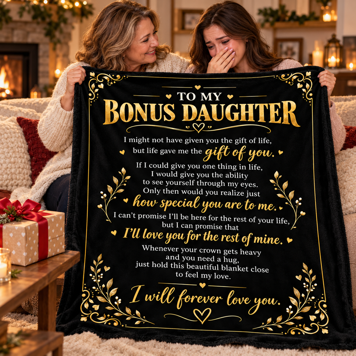 To My Bonus Daughter Blanket – Life Gave Me the Gift of You – Black & Gold Cozy Fleece Gift