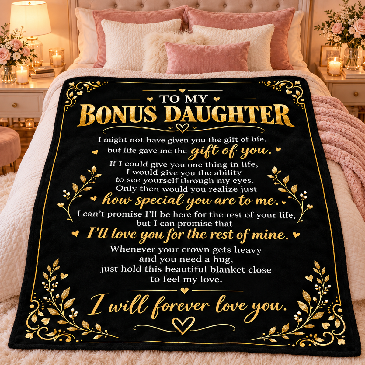 To My Bonus Daughter Blanket – Life Gave Me the Gift of You – Black & Gold Cozy Fleece Gift