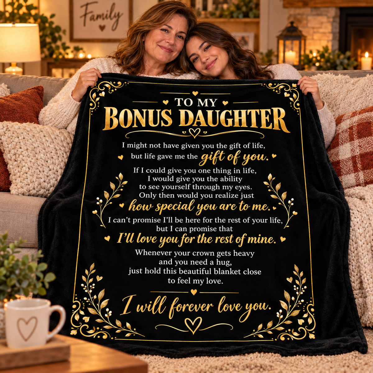 To My Bonus Daughter Blanket – Life Gave Me the Gift of You – Black & Gold Cozy Fleece Gift
