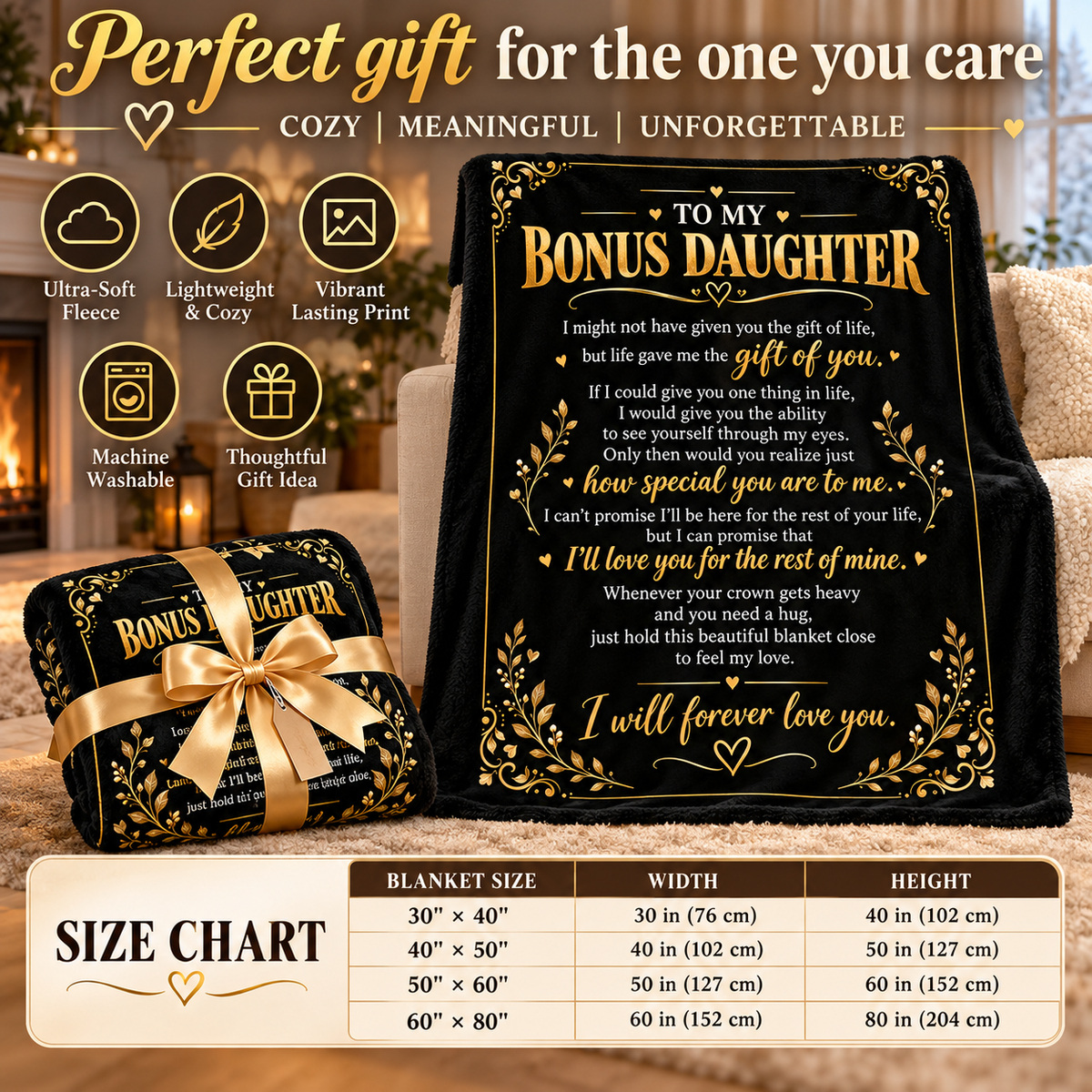 To My Bonus Daughter Blanket – Life Gave Me the Gift of You – Black & Gold Cozy Fleece Gift
