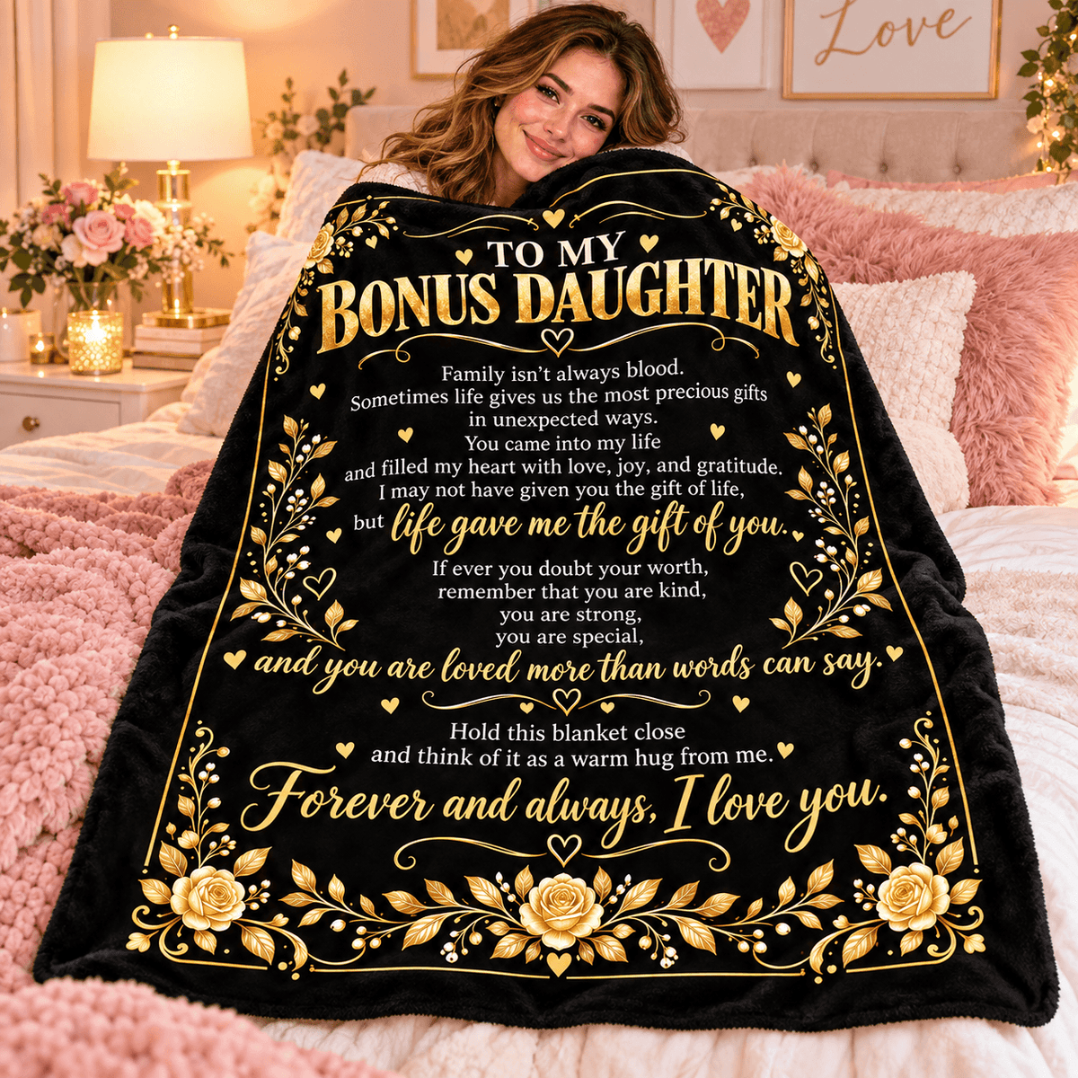 To My Bonus Daughter Blanket – Life Gave Me the Gift of You – Black & Gold Rose Cozy Fleece Gift