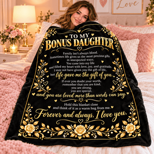 A woman sits on a bed wrapped in a large black blanket with extensive gold and white sentimental text and floral border designs. The scene is a cozy bedroom with pink bedding, a lamp, and framed wall art in the background.