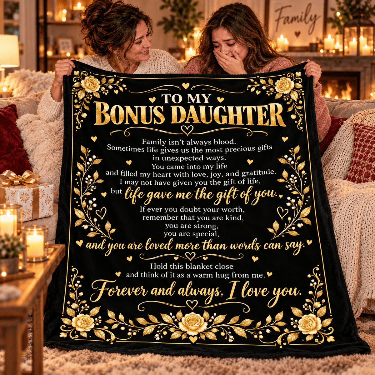 To My Bonus Daughter Blanket – Life Gave Me the Gift of You – Black & Gold Rose Cozy Fleece Gift