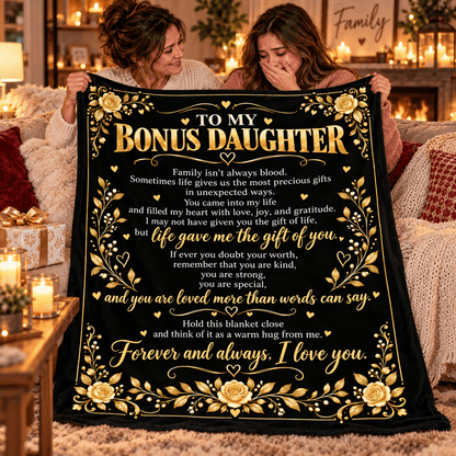 To My Bonus Daughter Blanket – Life Gave Me the Gift of You – Black & Gold Rose Cozy Fleece Gift