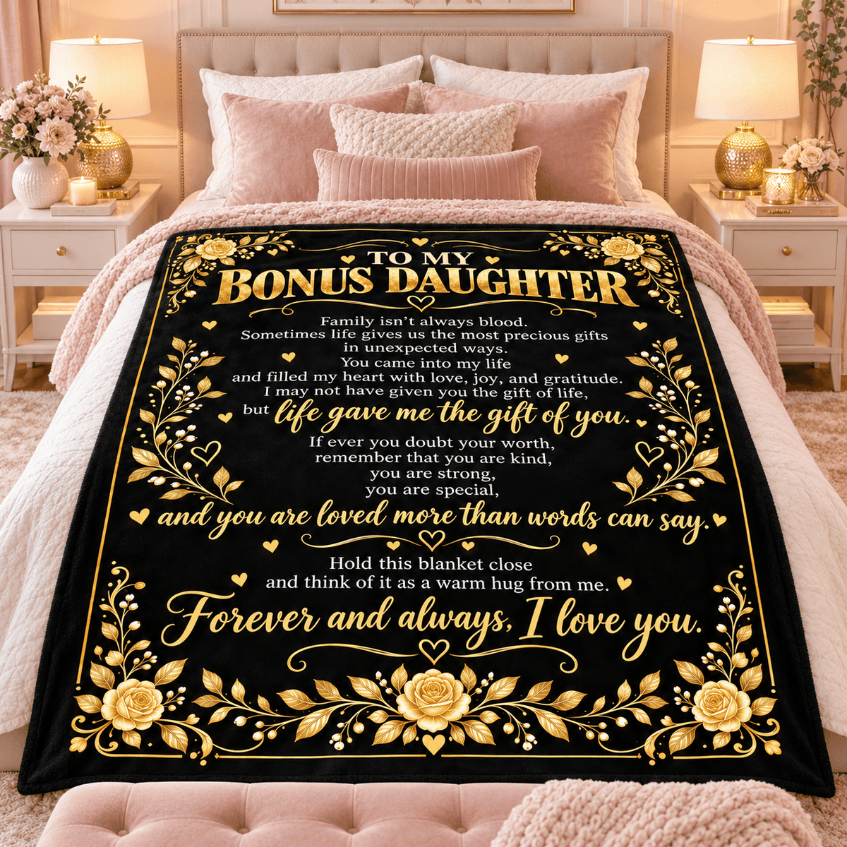 To My Bonus Daughter Blanket – Life Gave Me the Gift of You – Black & Gold Rose Cozy Fleece Gift