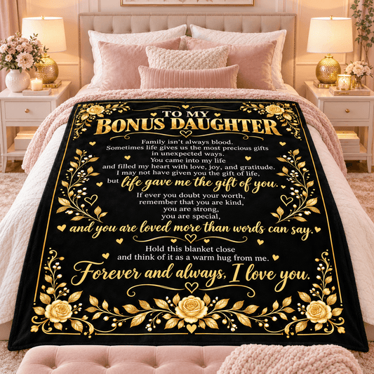 A black throw blanket with elegant gold floral borders and a sentimental poem and message for 'my bonus daughter,' styled on a bed in a warm, symmetrical bedroom setting.