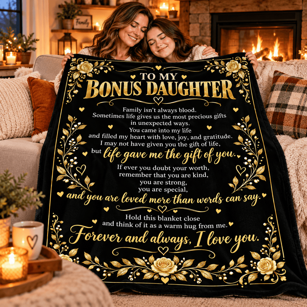To My Bonus Daughter Blanket – Life Gave Me the Gift of You – Black & Gold Rose Cozy Fleece Gift
