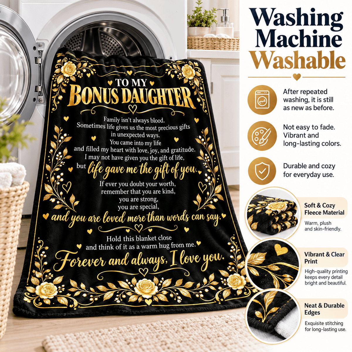 To My Bonus Daughter Blanket – Life Gave Me the Gift of You – Black & Gold Rose Cozy Fleece Gift