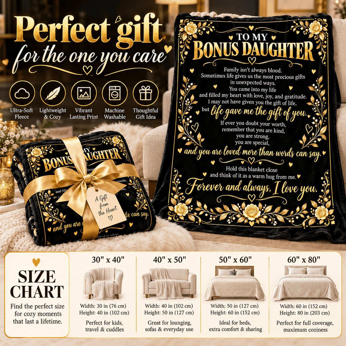 To My Bonus Daughter Blanket – Life Gave Me the Gift of You – Black & Gold Rose Cozy Fleece Gift
