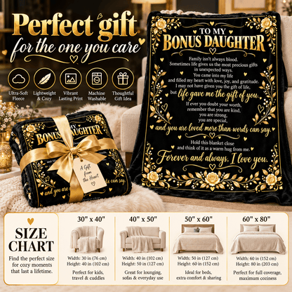 To My Bonus Daughter Blanket – Life Gave Me the Gift of You – Black & Gold Rose Cozy Fleece Gift
