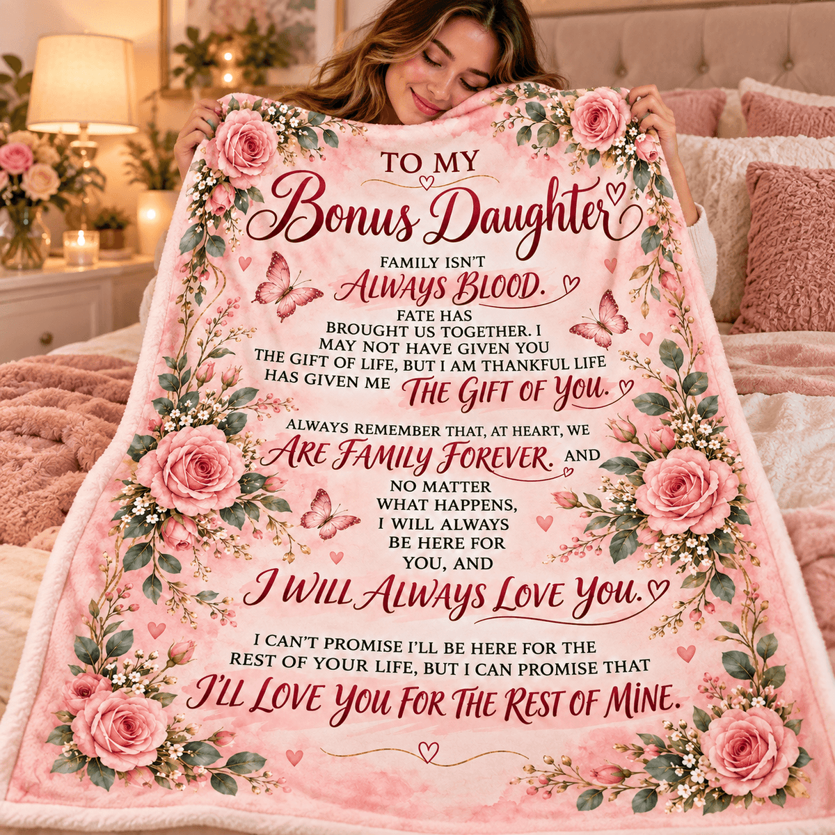To My Bonus Daughter Blanket – Life Gave Me the Gift of You – Pink Rose & Butterfly Cozy Fleece Gift