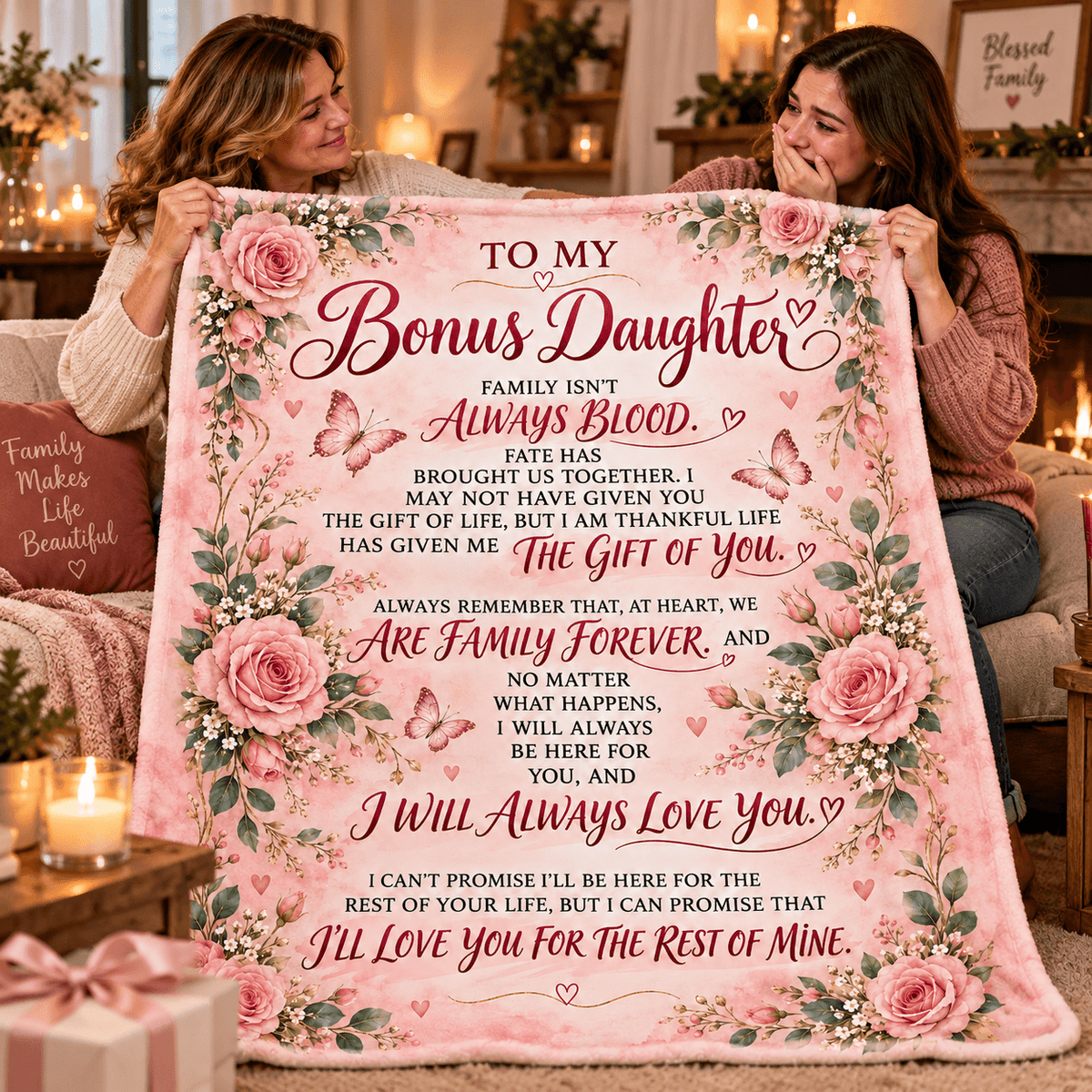 To My Bonus Daughter Blanket – Life Gave Me the Gift of You – Pink Rose & Butterfly Cozy Fleece Gift