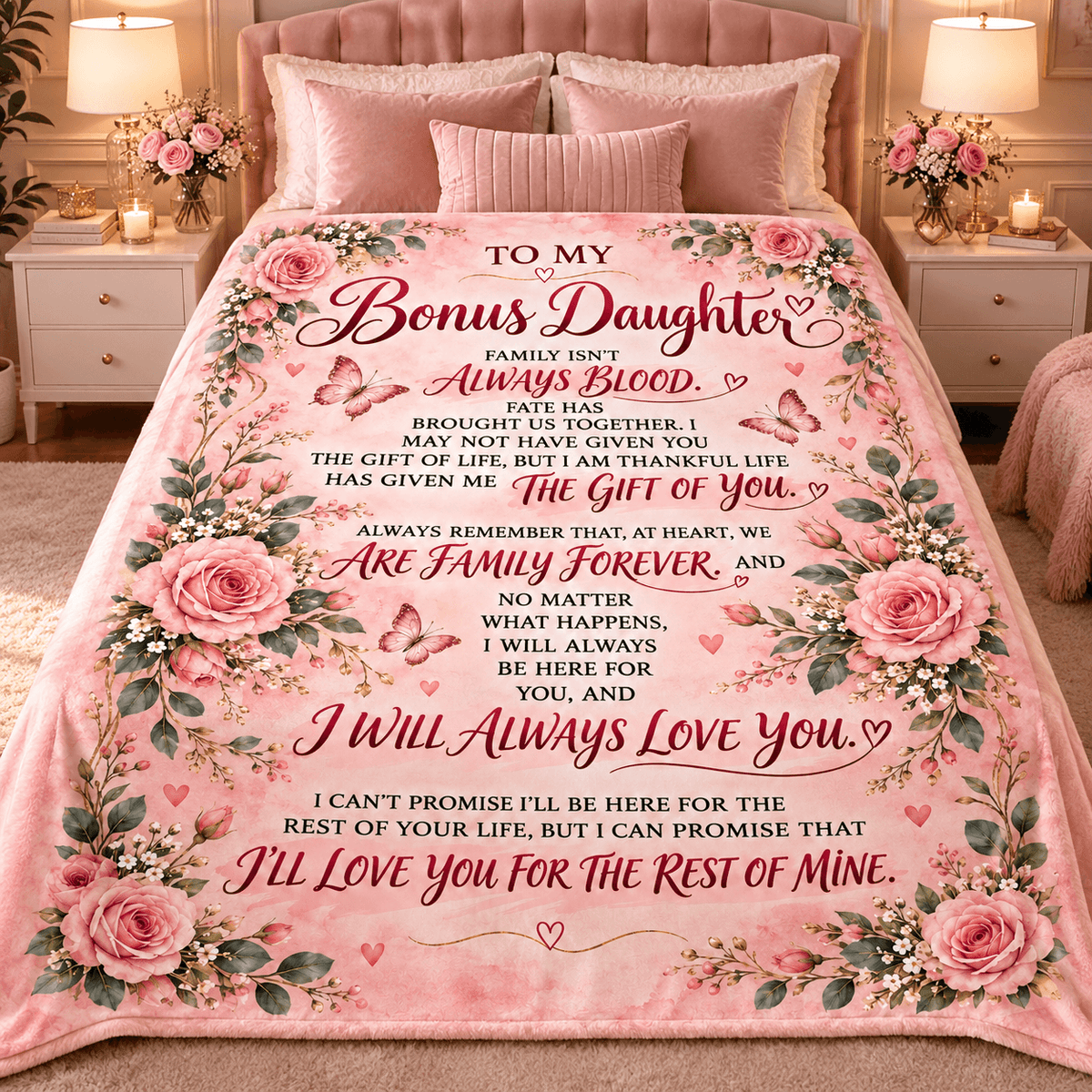 To My Bonus Daughter Blanket – Life Gave Me the Gift of You – Pink Rose & Butterfly Cozy Fleece Gift