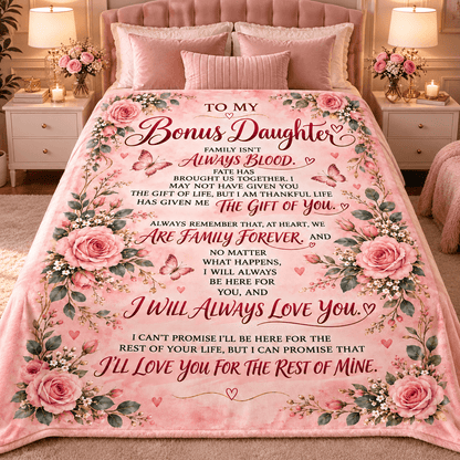 To My Bonus Daughter Blanket – Life Gave Me the Gift of You – Pink Rose & Butterfly Cozy Fleece Gift
