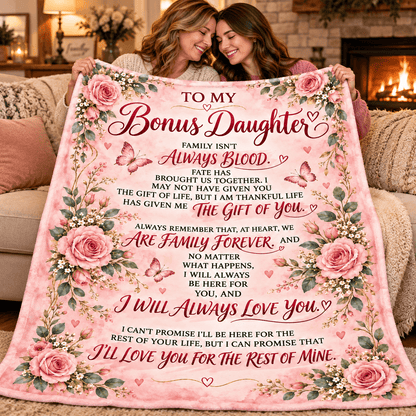 To My Bonus Daughter Blanket – Life Gave Me the Gift of You – Pink Rose & Butterfly Cozy Fleece Gift