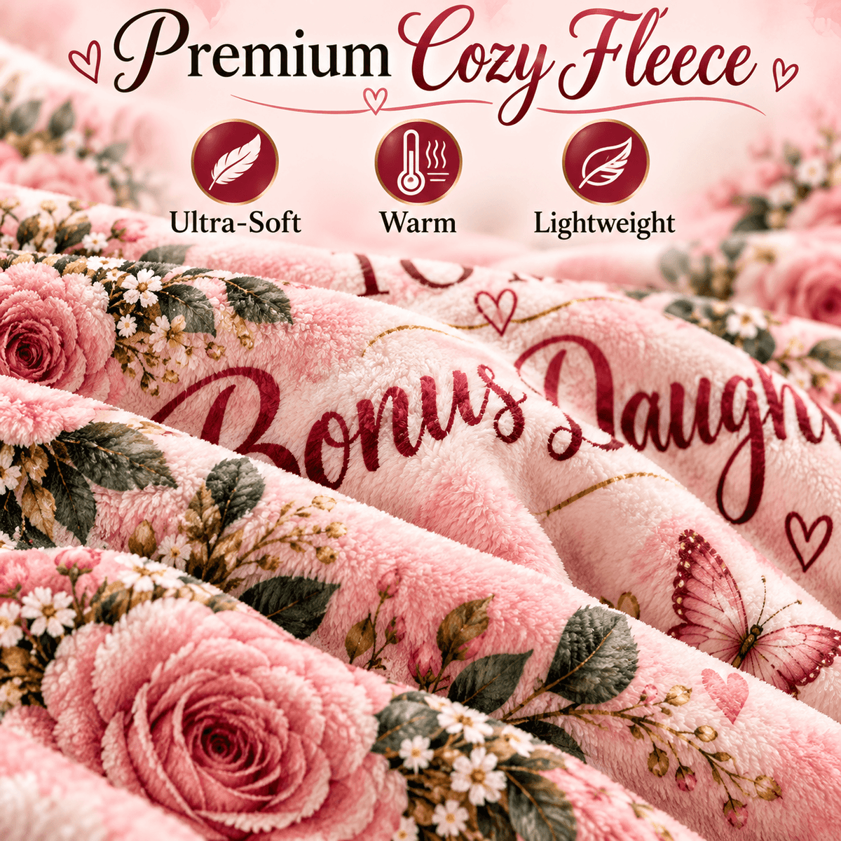 To My Bonus Daughter Blanket – Life Gave Me the Gift of You – Pink Rose & Butterfly Cozy Fleece Gift