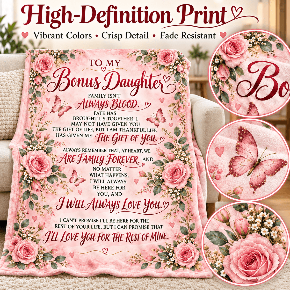 To My Bonus Daughter Blanket – Life Gave Me the Gift of You – Pink Rose & Butterfly Cozy Fleece Gift