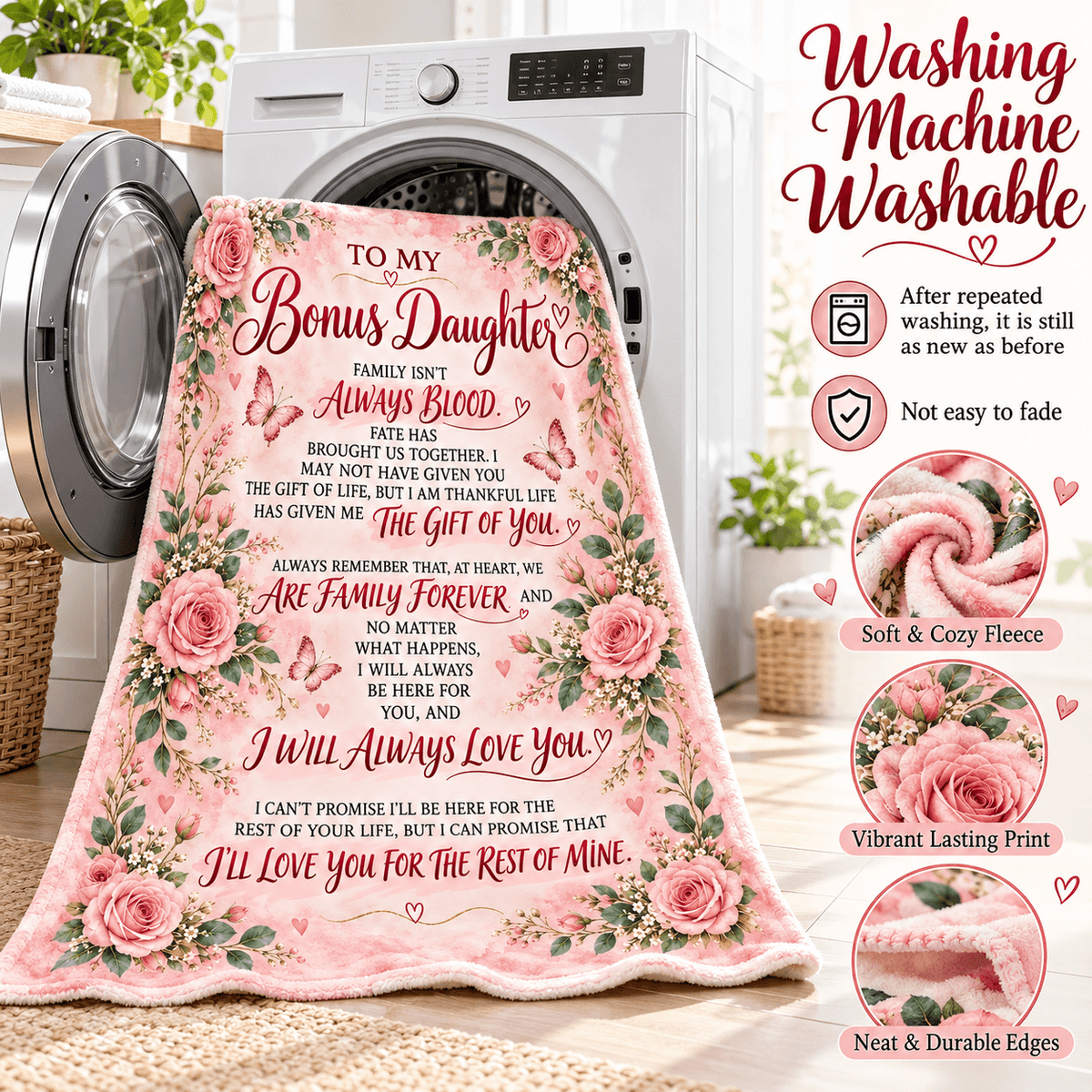 To My Bonus Daughter Blanket – Life Gave Me the Gift of You – Pink Rose & Butterfly Cozy Fleece Gift