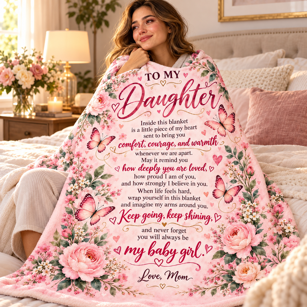 A woman sitting on a bed wrapped in a pink floral blanket with a sentimental poem printed on it, reading 'To My Daughter'.