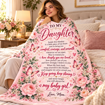 A woman sitting on a bed wrapped in a pink floral blanket with a sentimental poem printed on it, reading 'To My Daughter'.