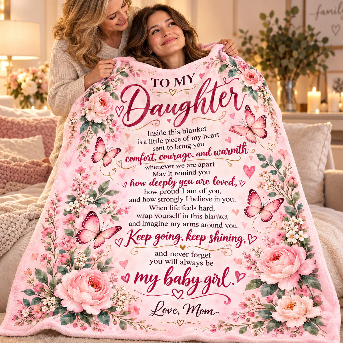 A woman holds up a pink floral blanket with butterflies and a sentimental message for her daughter, while another woman looks on in a cozy living room setting.