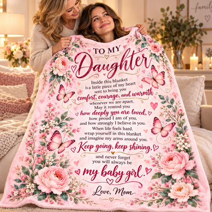 A woman holds up a pink floral blanket with butterflies and a sentimental message for her daughter, while another woman looks on in a cozy living room setting.