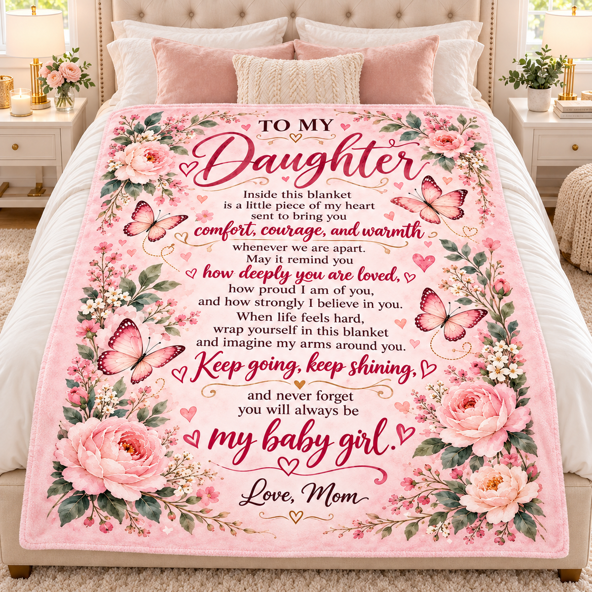 A pink floral blanket with a sentimental message for a daughter, styled on a bed with white bedding and pillows.