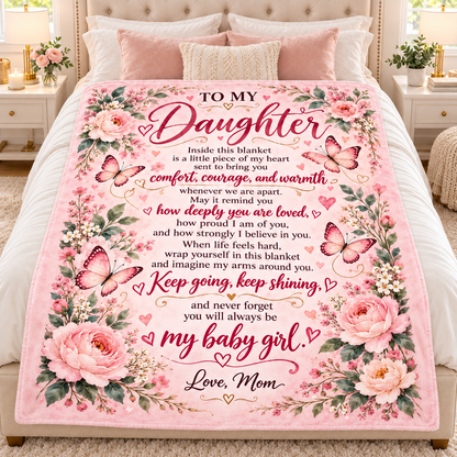 A pink floral blanket with a sentimental message for a daughter, styled on a bed with white bedding and pillows.