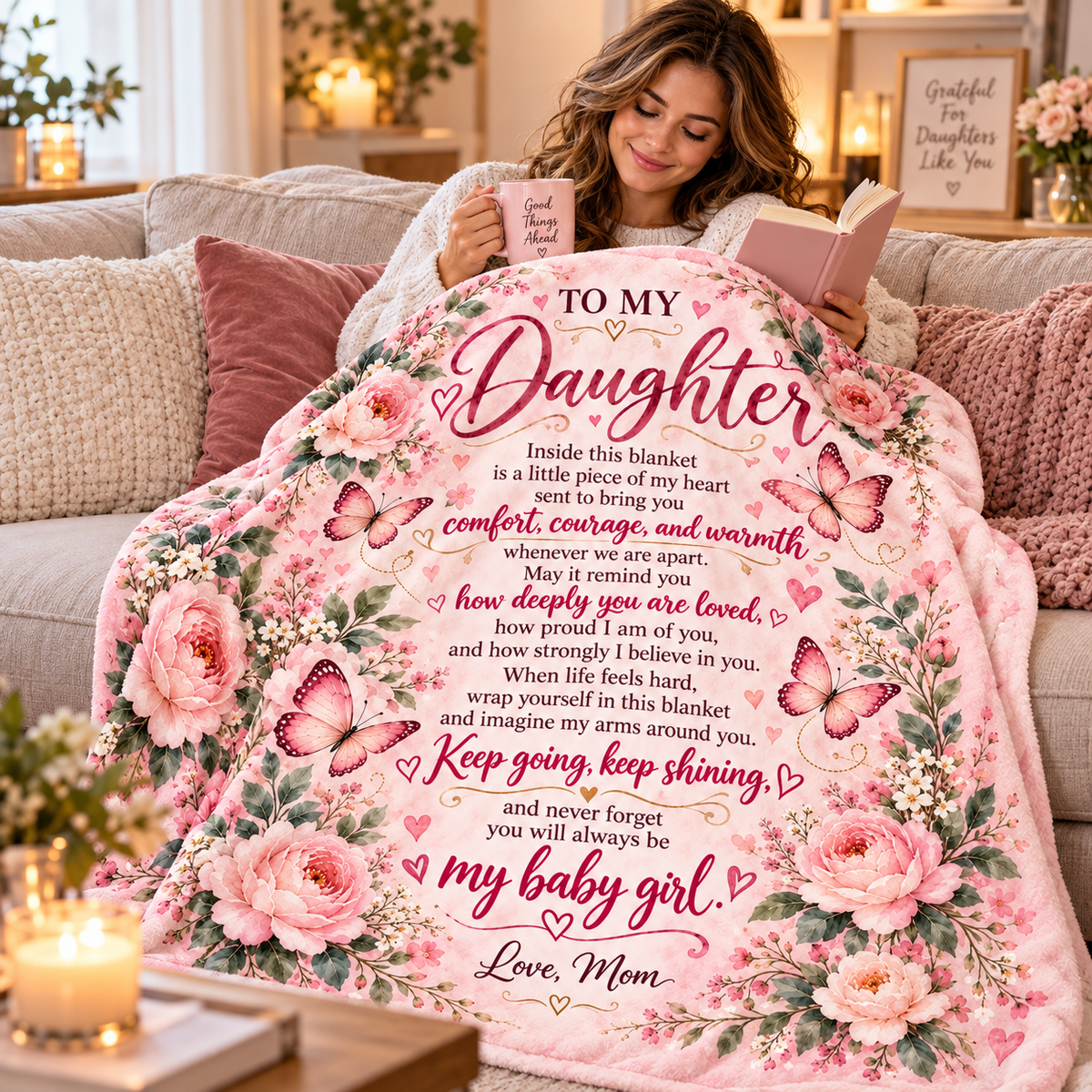 A woman sits on a cozy couch wrapped in a large pink floral blanket with a heartfelt message for her daughter. The blanket features pink roses, butterflies, and a printed poem, while the woman holds a pink mug and an open book in a warm, living-room setting.